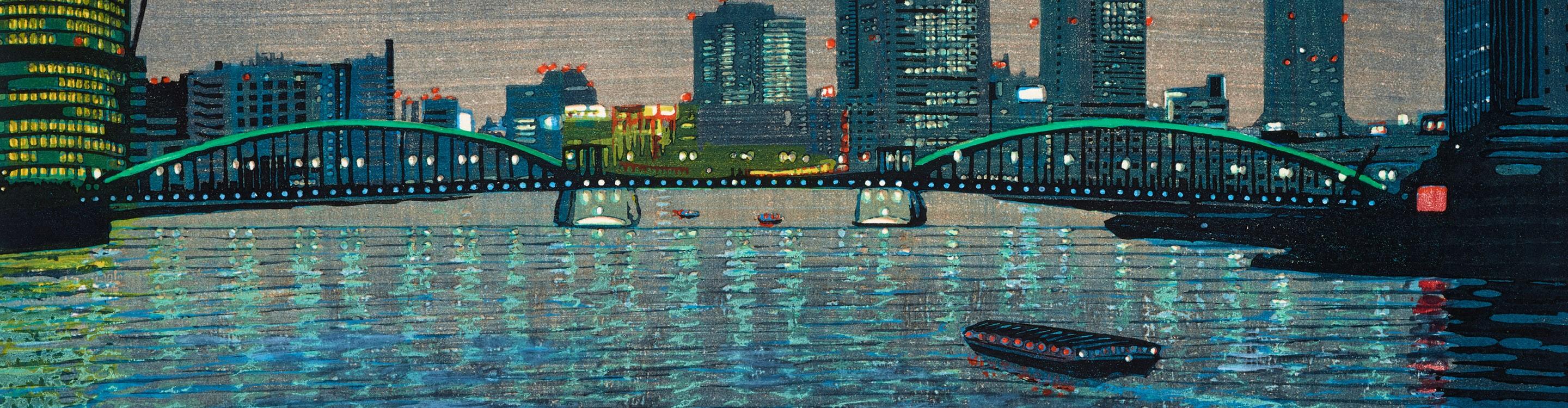 Painting of a bridge over a river in Tokyo