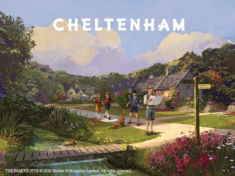 Illustration of The Famous Five exploring the picturesque town of Cheltenham