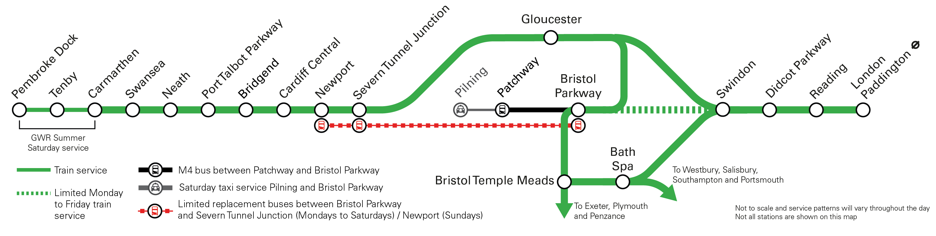 Map of travel disruption from Bristol to South Wales from Wednesday 3 to Thursday 18 July plus weekend of 27 and 28 July. Full detail is available in text form on this page.