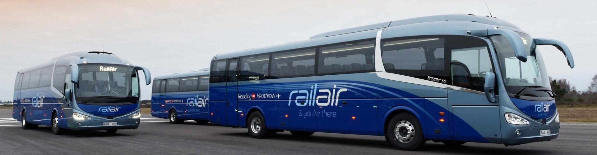 Three RailAir coaches ready to depart from Reading Station to Heathrow Airport