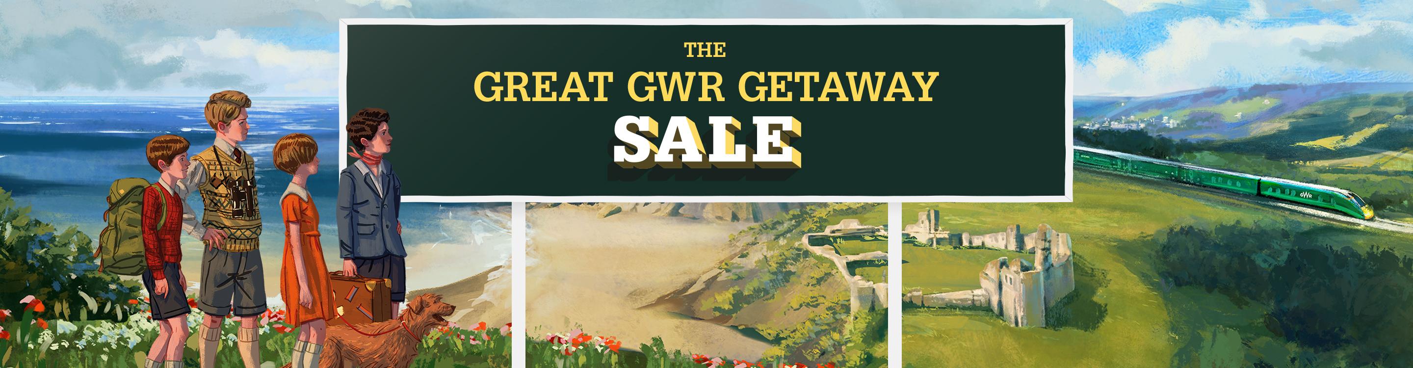 An illustration of the Famous Five staring at a sign that reads 'The Great GWR Getaway Sale', overlooking idyllic countryside.