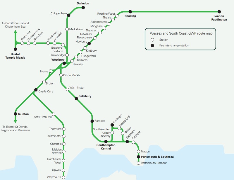 Wessex and South Cost GWR route map