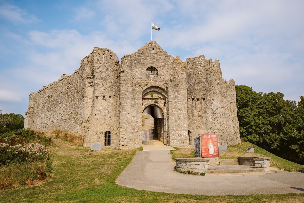 Exterior of Oystermouth Castle overlooking Swansea Bay.