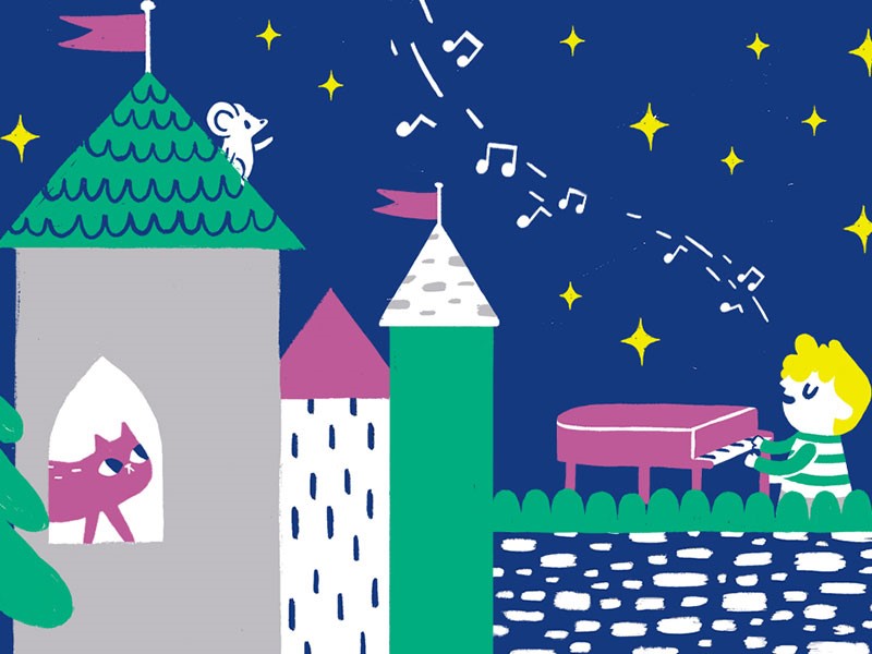 Illustration of a night sky, a piano player and a cat in a castle