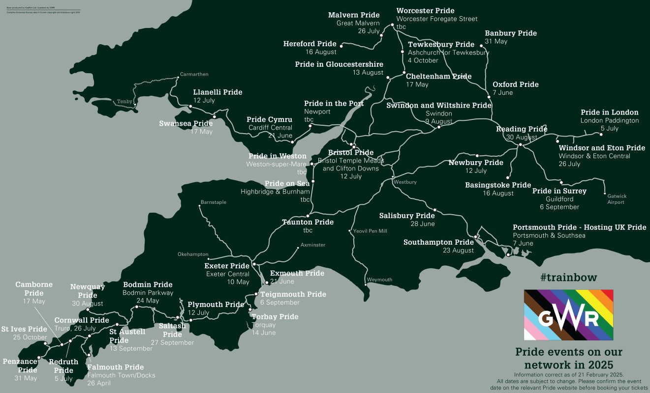 Map of Pride events on the GWR network in 2025. An accessible version of this information is available below. 