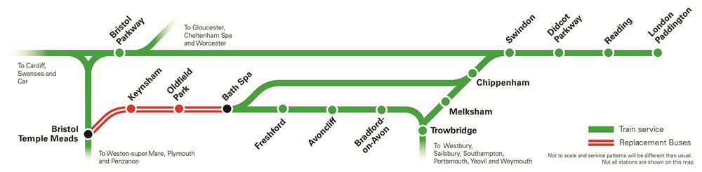 Route map of planned engineering from Bath to Bristol from Monday 26 to Wednesday 28 October 2026. Full written detail is available on this page.