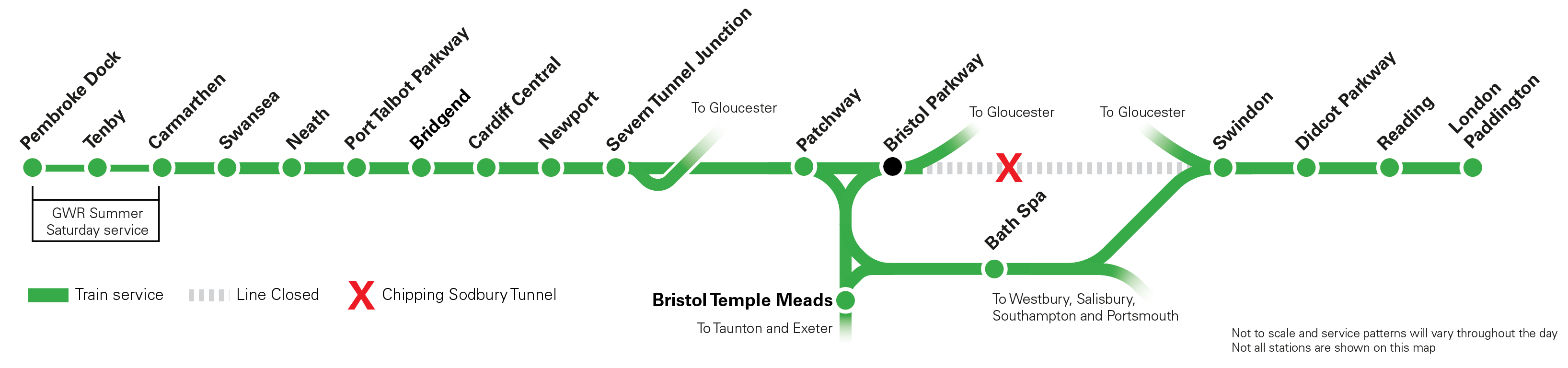 Route map of disruption between Swindon and Bristol Parkway from Monday 6 July to Sunday 2 August 2026. Full written detail is available on this page.
