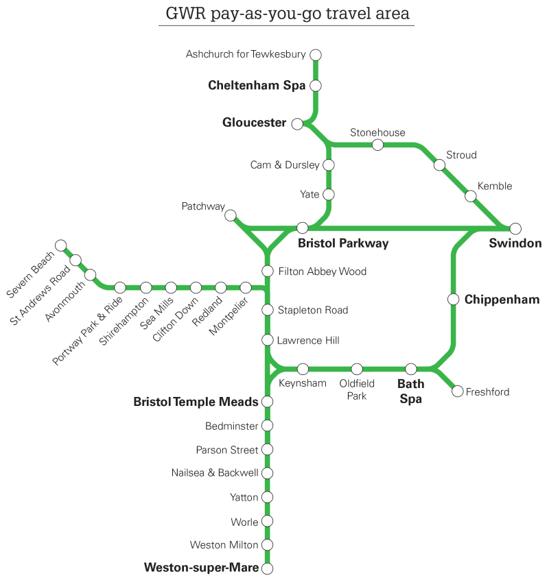 Map of stations in the Bristol pay-as-you-go area