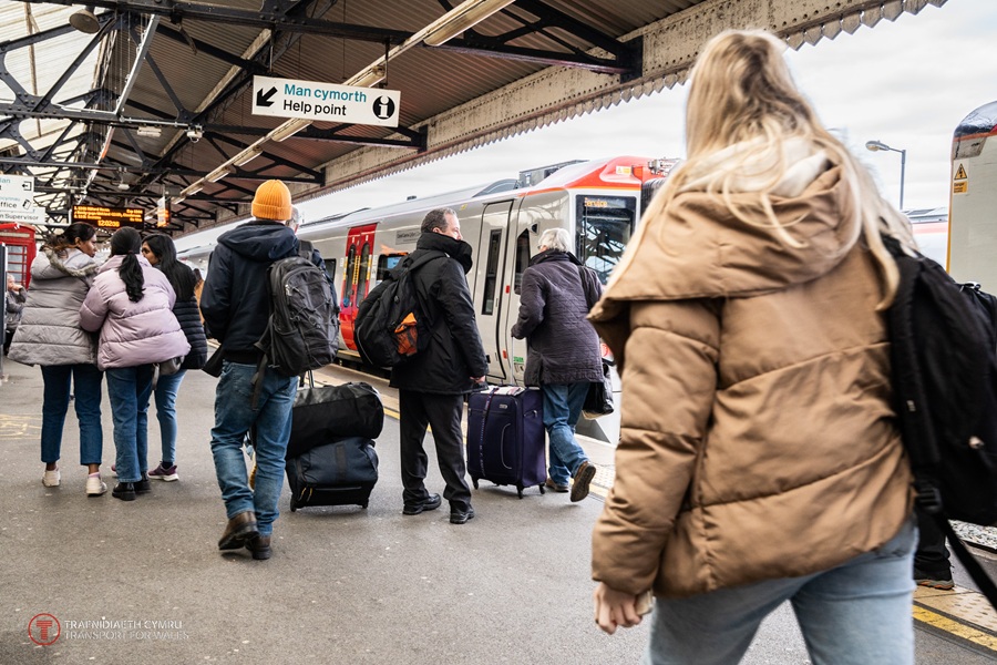 Passengers boarding a train at Carmarthen station