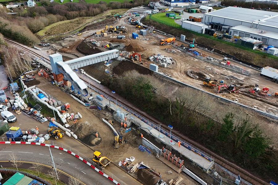 Aerial view of the construction of Okehampton station