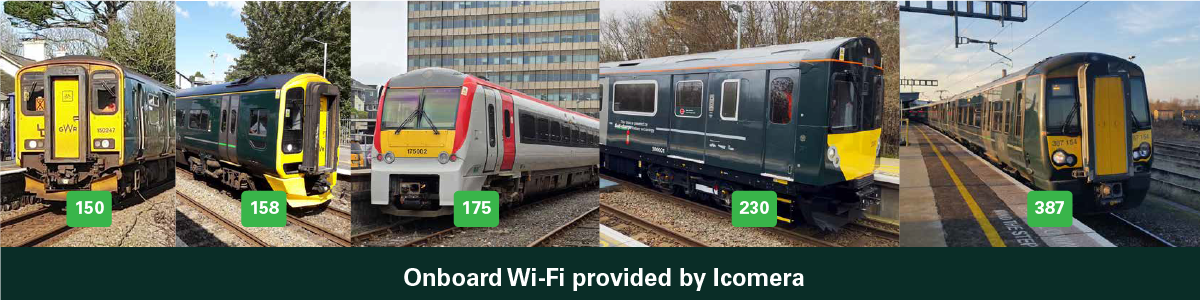 A montage of GWR trains that Icomera provides onboard Wi-Fi for: 150, 158, 175, 230, and 387 trains.