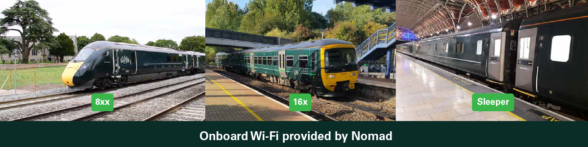 A montage of GWR trains that Nomad provides onboard Wi-Fi for: 80x, 16x, and Sleeper trains.