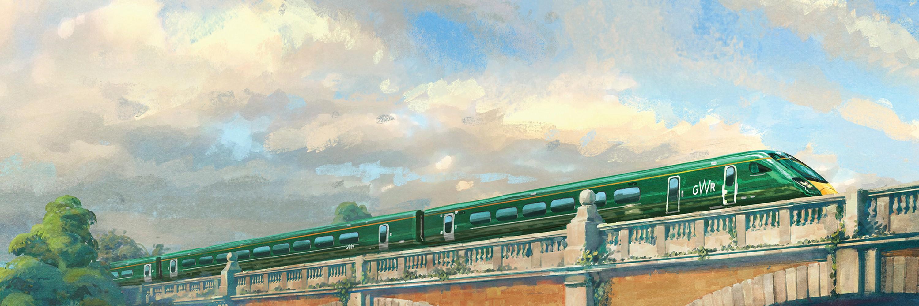 Illustration of a GWR train passing over a bridge