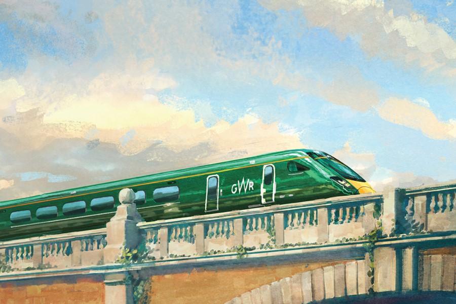 Illustration of GWR train passing over a bridge
