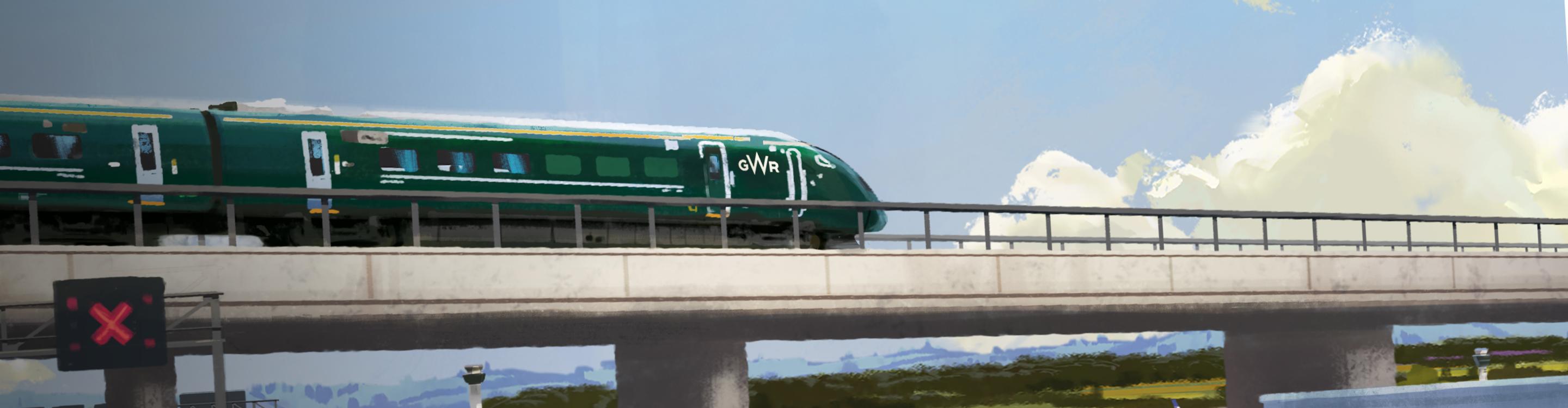 Graphic illustration of a GWR train travelling over a bridge