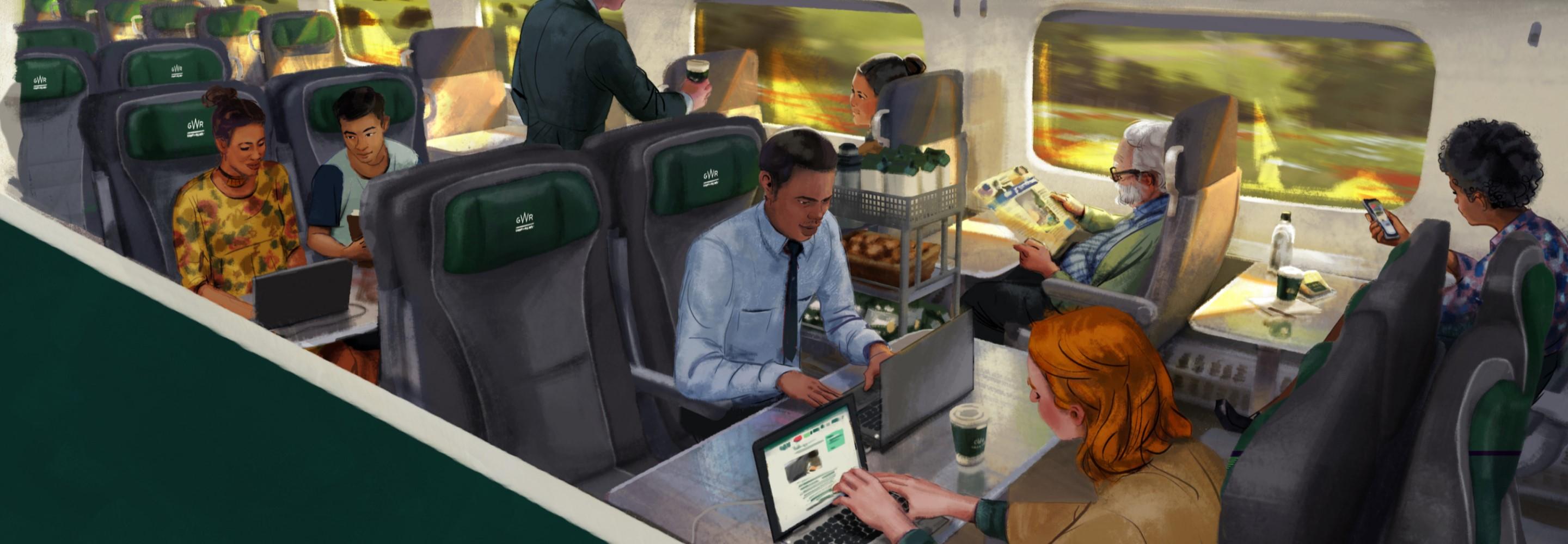 Illustration of First Class on a GWR train, with people working on laptops, enjoying the complimentary refreshments, and relaxing on their journey.