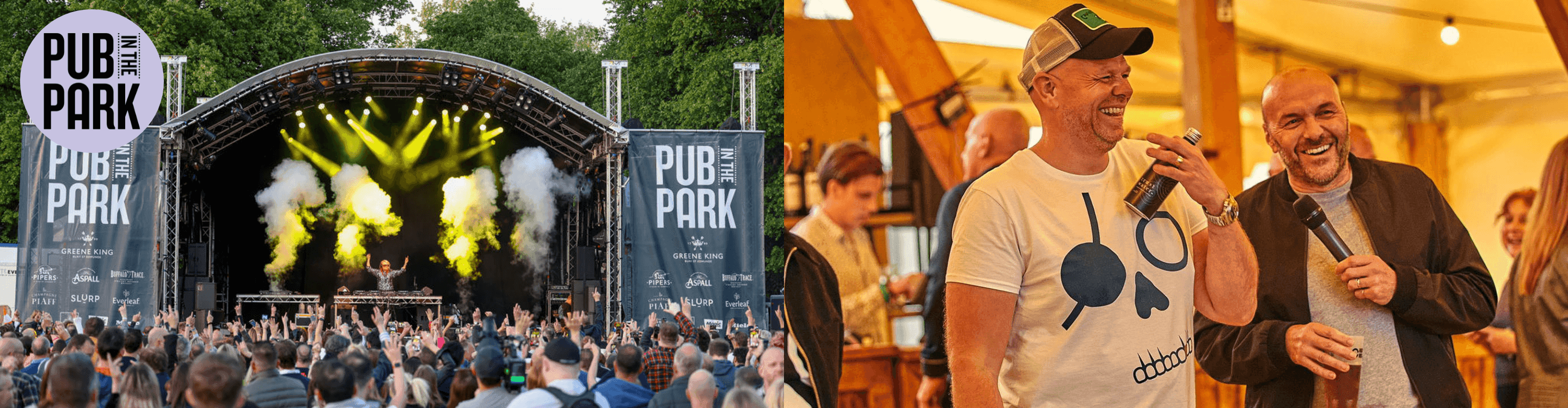 Image of festival with text that says "Pub in the Park. Book tickets now!"