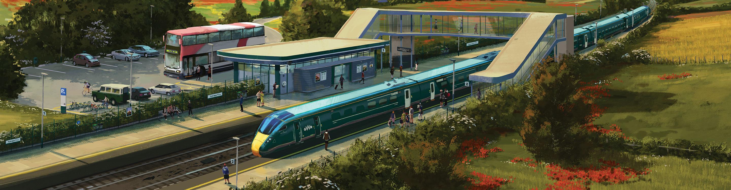 illustration of a GWR train at a station with bus in background