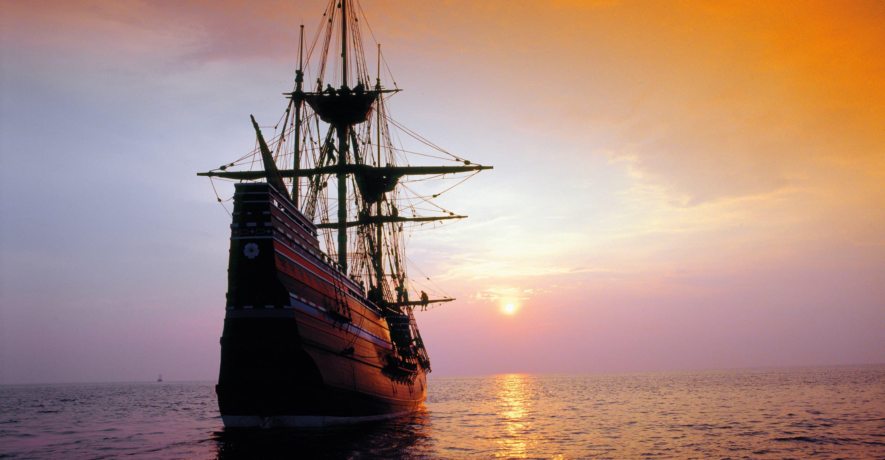 Mayflower sailing at sunset