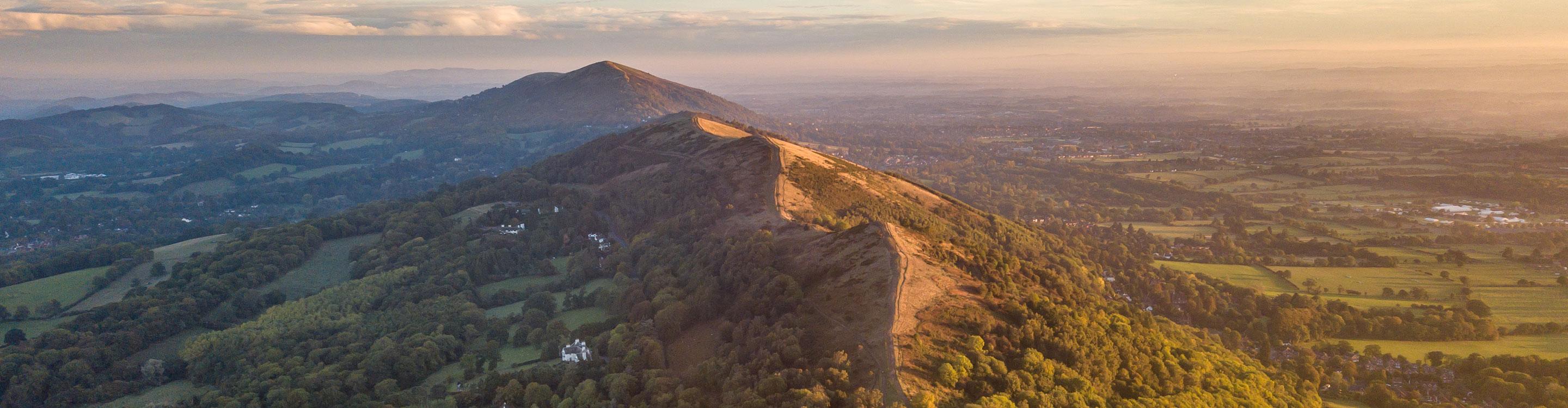 Aerial view overlooking the Malvern Hills, UK, at Sunrise