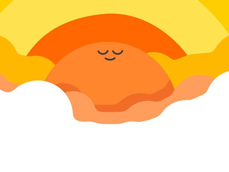 Promo illustration of  Headspace character in the clouds with orange and yellow sun in background