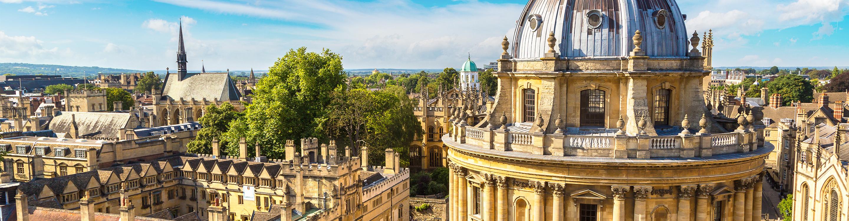 The Radcliffe Camera in Oxford, seen from on high with the city in the background