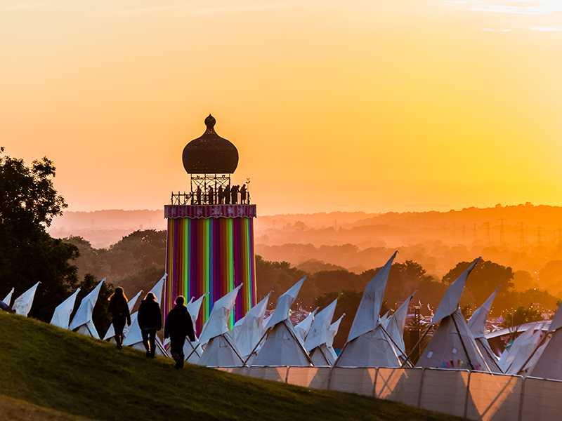 Sunset at Glastonbury Festival campsite 
