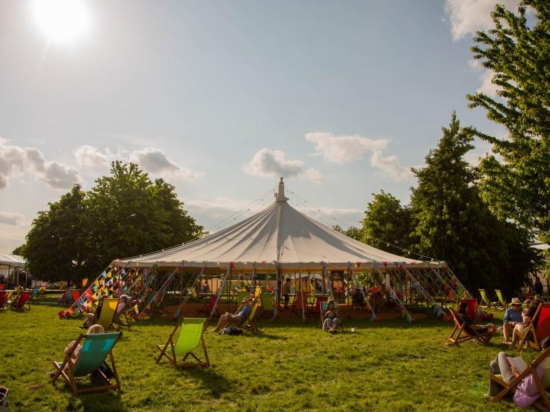The tent in sunshine at Hay Festival