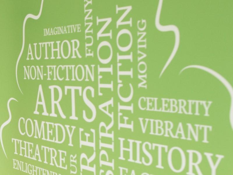 Close up photo of a sign promoting the Yeovil Literary Festival, focusing on a wordcloud on a green background, including words like 'Arts', 'Comedy', 'Author', 'Theatre' and 'History'.