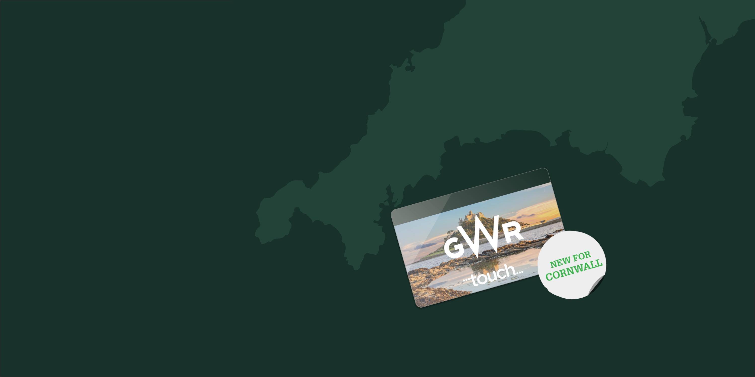 Map outline of Cornwall, with a new GWR touch smartcard for pay-as-you-go next to it.