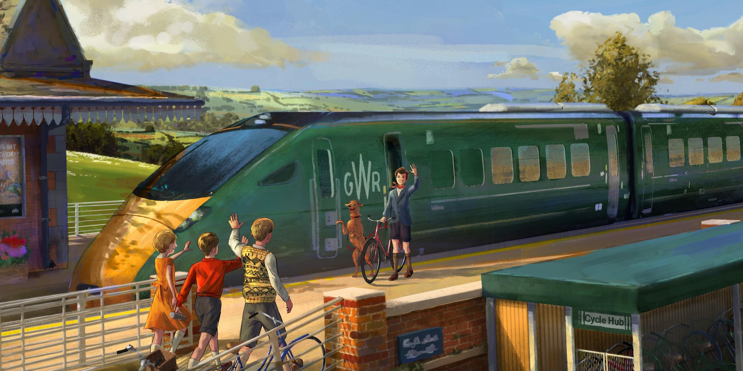 Illustration of The Famous Five greeting each other at a GWR station, ready to board the train with their bikes for another adventure.