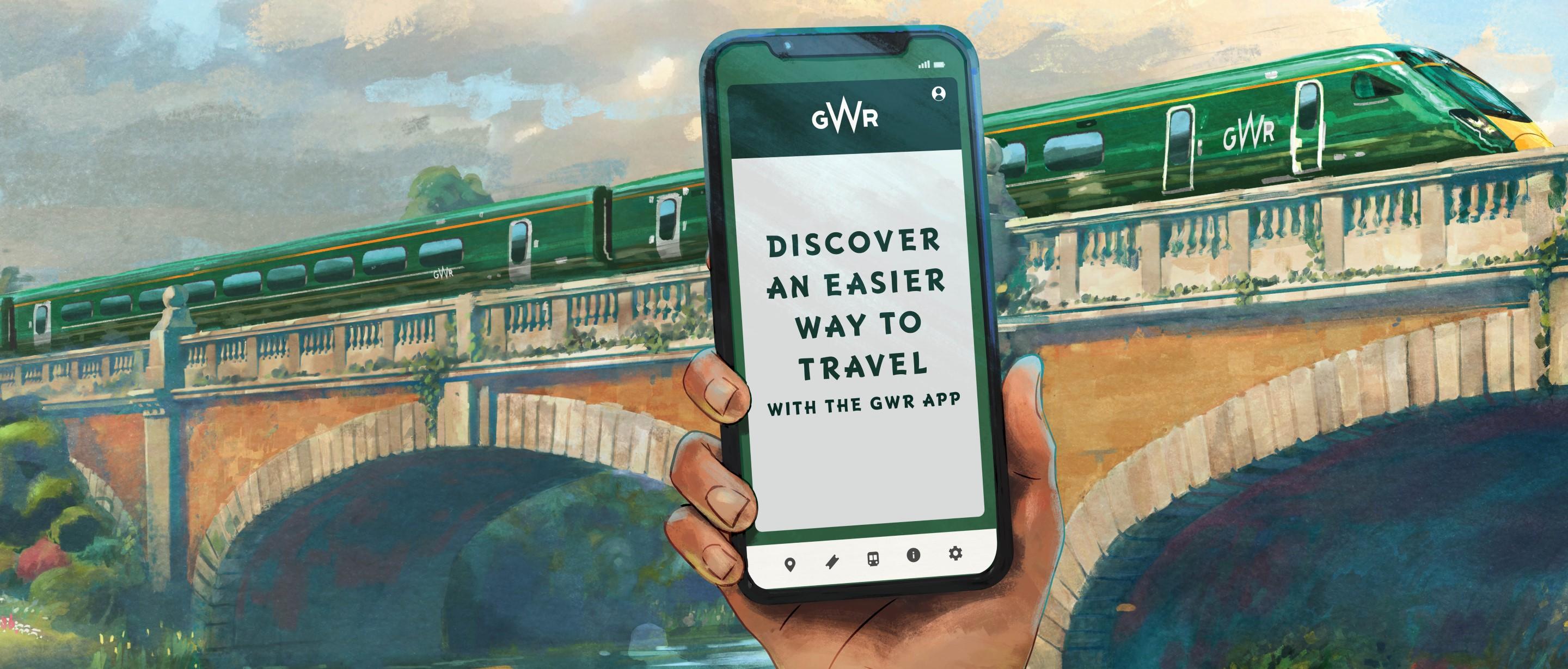 An illustration of the GWR app, with the screen reading 'Discover an easier way to travel with the GWR app', with a GWR train passing over a bridge in the background
