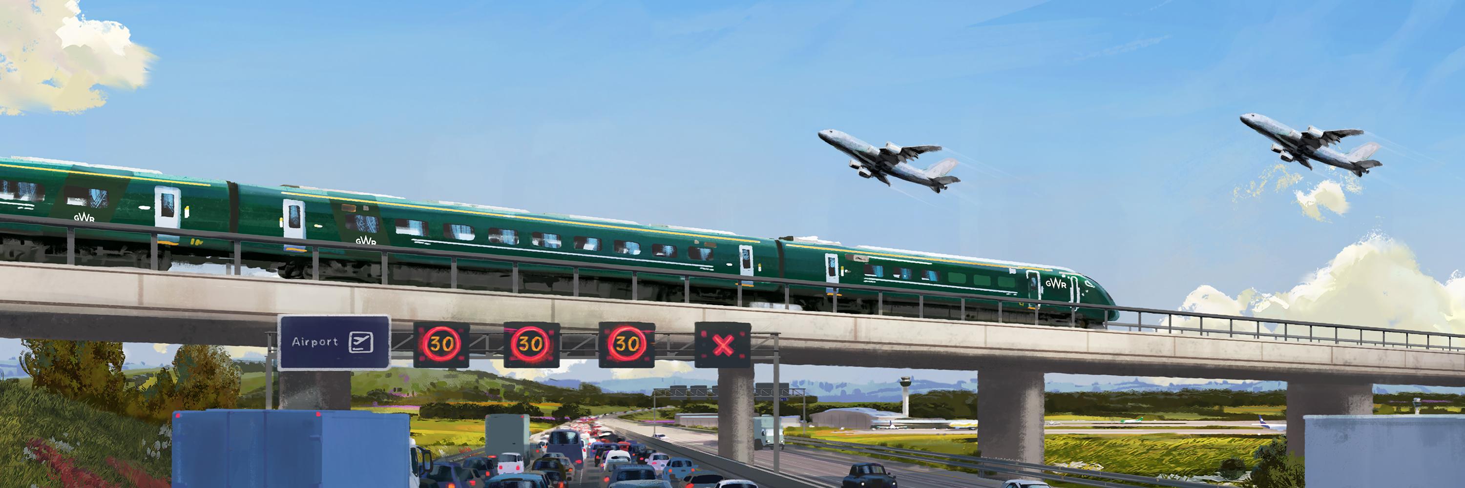 An illustration showing planes flying overhead of a GWR train, to promote increased services to Gatwick Airport from Reading.