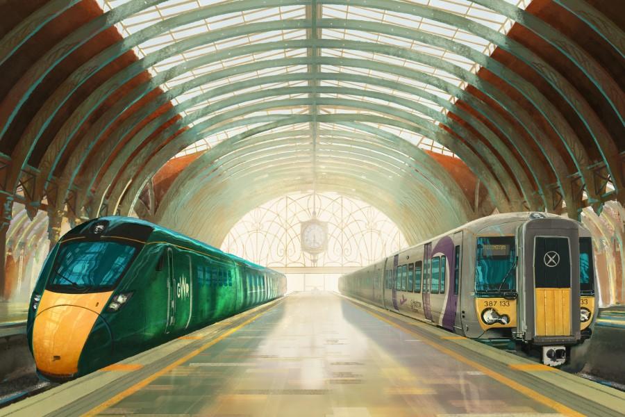 An illustration of a GWR IET and the Heathrow Express