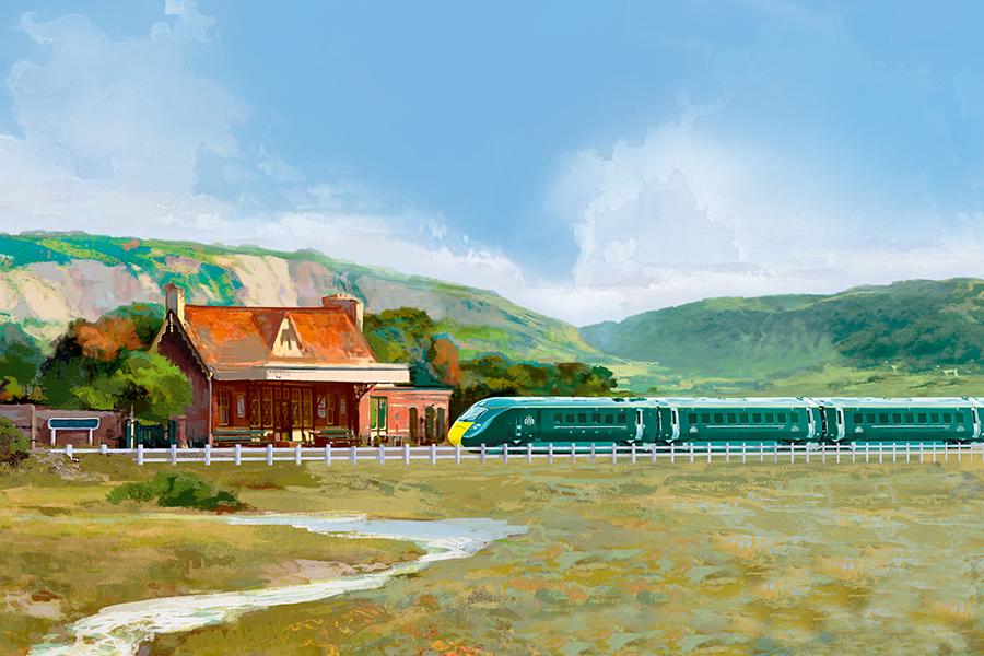 Illustration of a GWR train travelling through the countryside in spring.