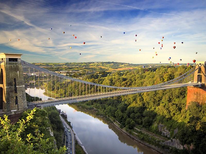 Hot air balloons rising over Clifton Suspension Bridge