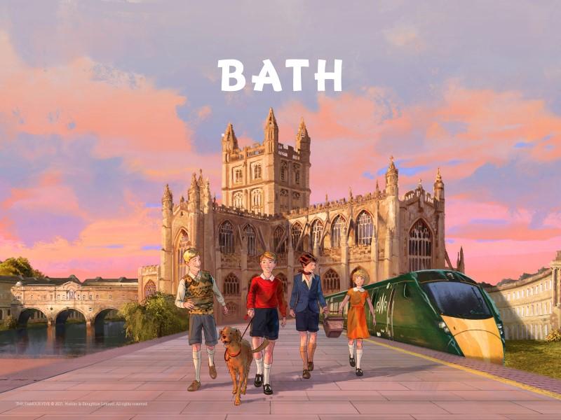 Illustration of the famous five walking away from Bath Abbey, in front a GWR train