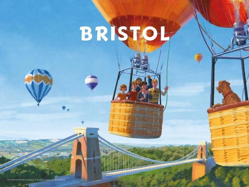 Illustration of the Famous Five in a hot air balloon, rising over the Clifton Suspension Bridge in Bristol