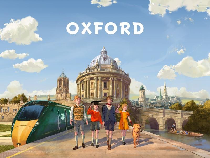 Illustration of the Famous Five walking away from the Bodleian Library in Oxford, in front of a GWR train