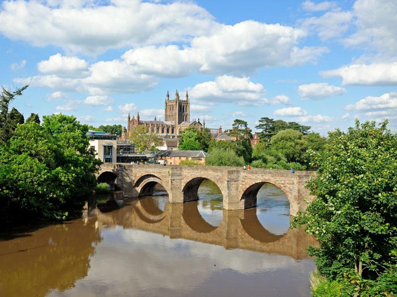 View of the Cathedral, the Wye Bridge and the River Wye, Hereford, Herefordshire, England, UK