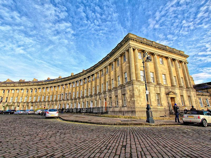 View of the Georgian Royal Crescent in Bath, Somerset, UK, which was used as a location in the Netflix series Bridgerton