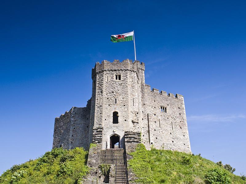The Norman Keep at Cardiff Castle, photographed against a blue sky