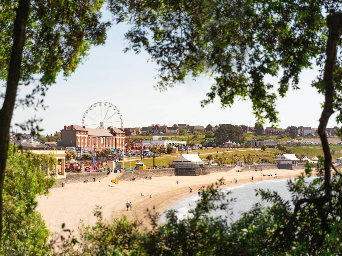 Landscape photo of Barry Island, framed by some trees in the foreground.