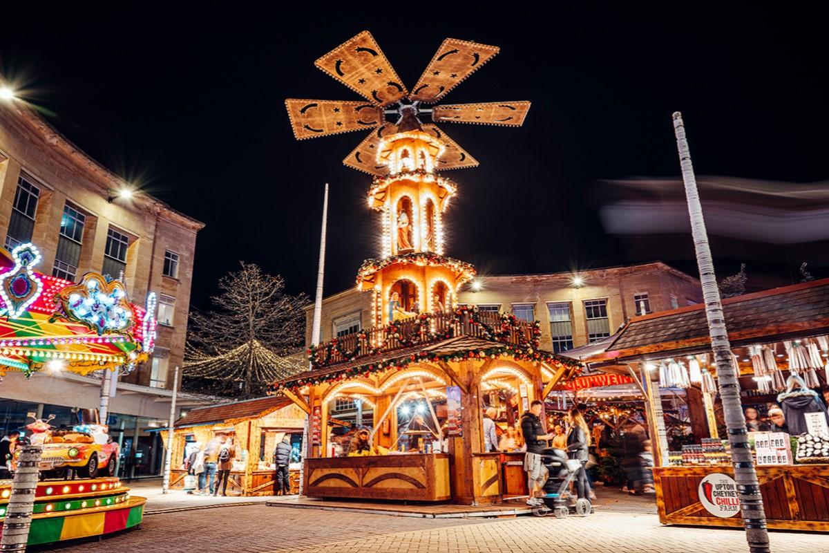 Illuminated Christmas stalls at Bristol Christmas Market