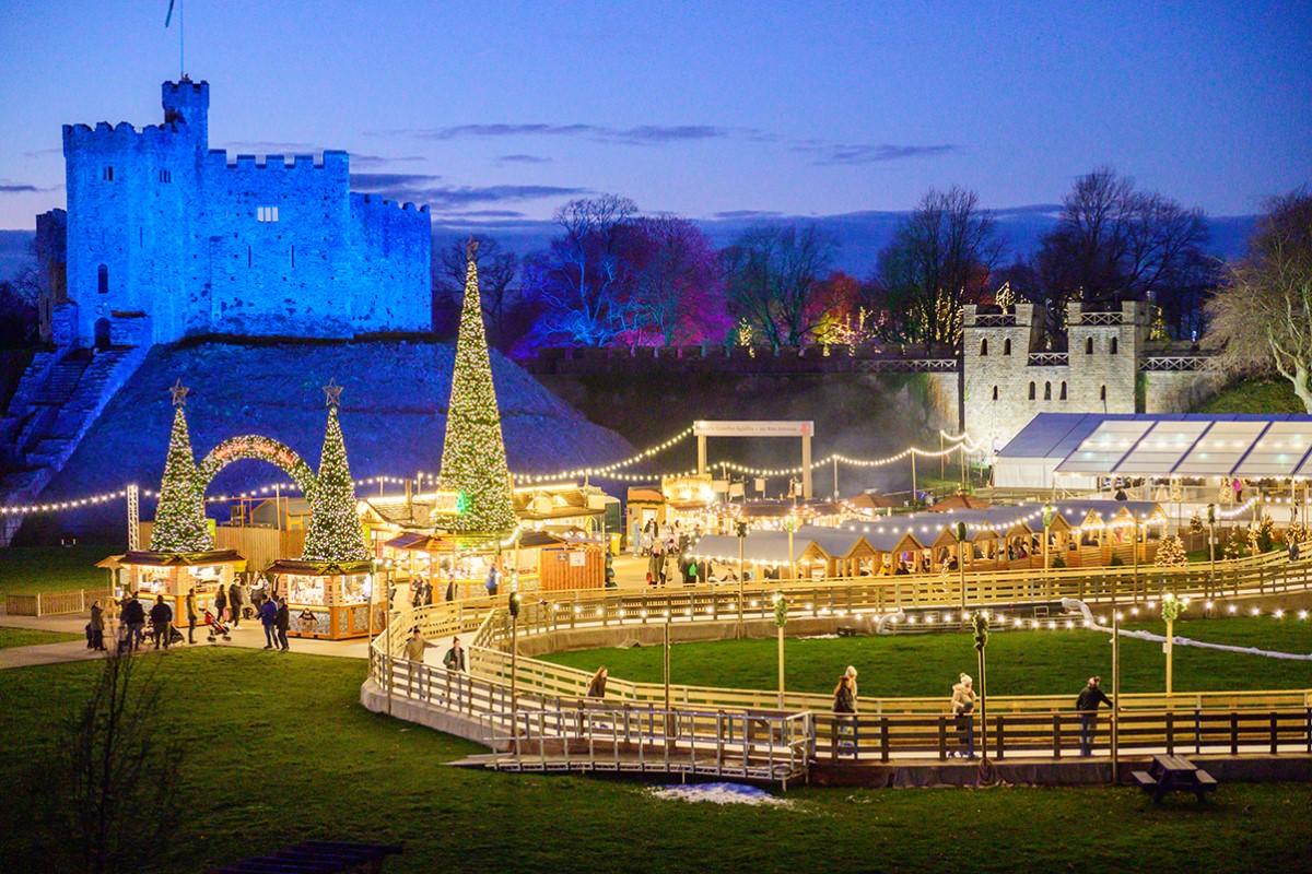 Christmas festivities in Cardiff, with Cardiff Castle in the background