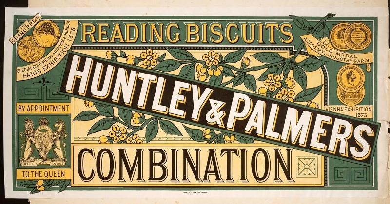 Huntley and Palmers biscuit pacaging with text that says Reading biscuits, Huntley and Palmers combination