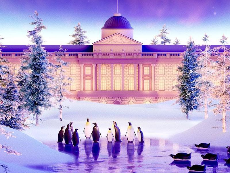 Promotional image for Skate at Somerset House event: group of penguins in front of a snowy Somerset House