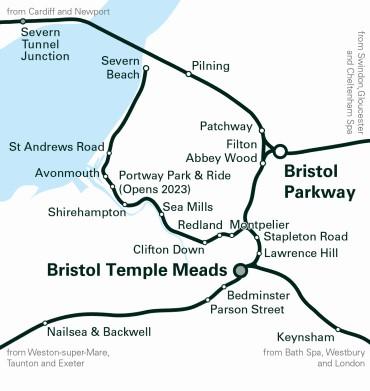 Map showing the stations in the Bristol area, including Bristol Temple Meads, Bristol Parkway and the Severn Beach line