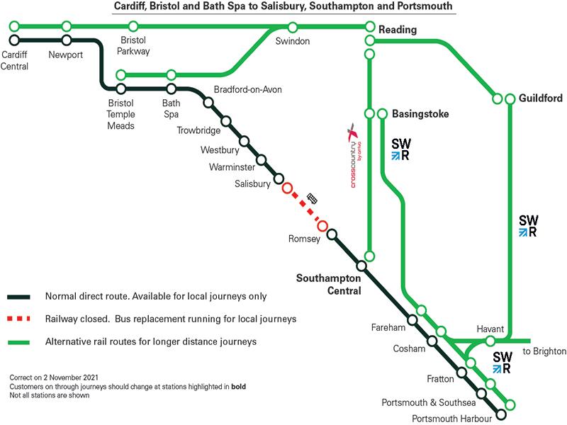 map for alternative routes from Cardiff and Bristol to Southampton and Portsmouth during disruption caused by Salisbury incident