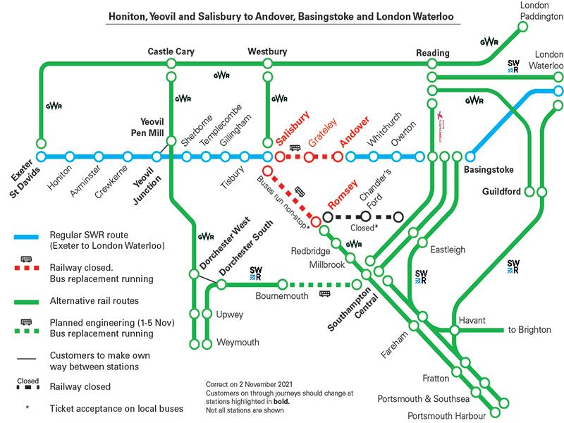 map for alternative routes from Honiton to London BMH during disruption caused by Salisbury incident